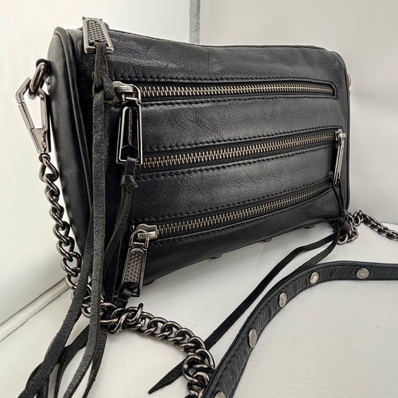 Rebecca Minkoff 3-Zip Front Leather Crossbody Bag Black Gunmetal - Picture 1 of 15